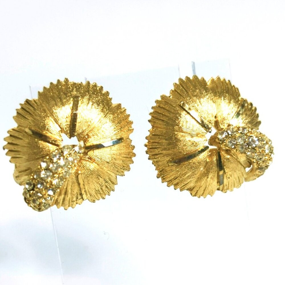 Vintage BSK Gold-Tone Clip-On Earrings Rhinestone Accents Textured Floral Design